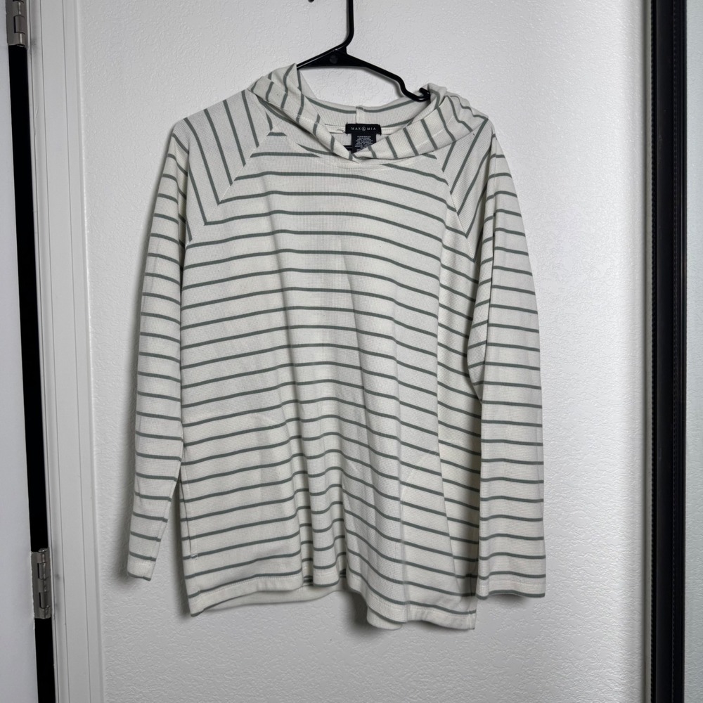 Max & Mia Hoodie Women XL Cream Green Striped Waffle Knit Raglan Pocket Casual